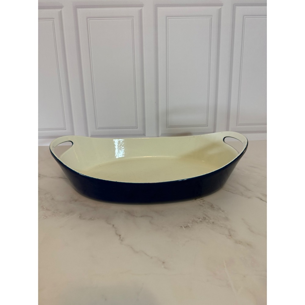 Vintage Copco Michael Lax Denmark Blue Enamel Cast Iron Oval Au Gratin Dish 14in